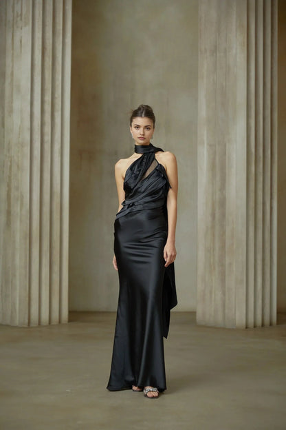 Black Satin Halter Maxi Dress with Open Back Maureen black ribbon-design satin maxi dress Evening Dress by YiHuiw