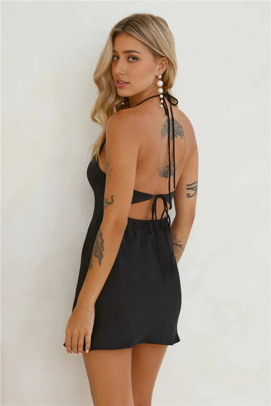 Black Satin Halter Mini Dress with Open Back Satin Neck Hanging Mini Dress Short Prom Dress by YiHuiw