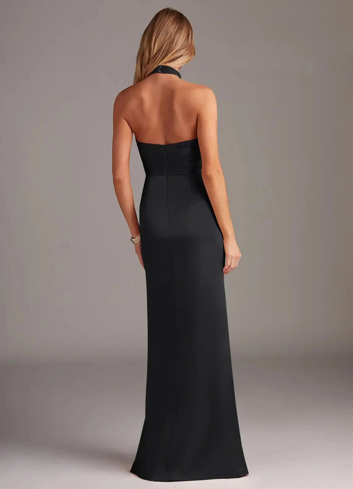 Black Satin Halter Neck Maxi Dress with Side Slit and Open Back Black Sheath Pleated Stretch Satin Dress Bridesmaid Dresses by YiHuiw