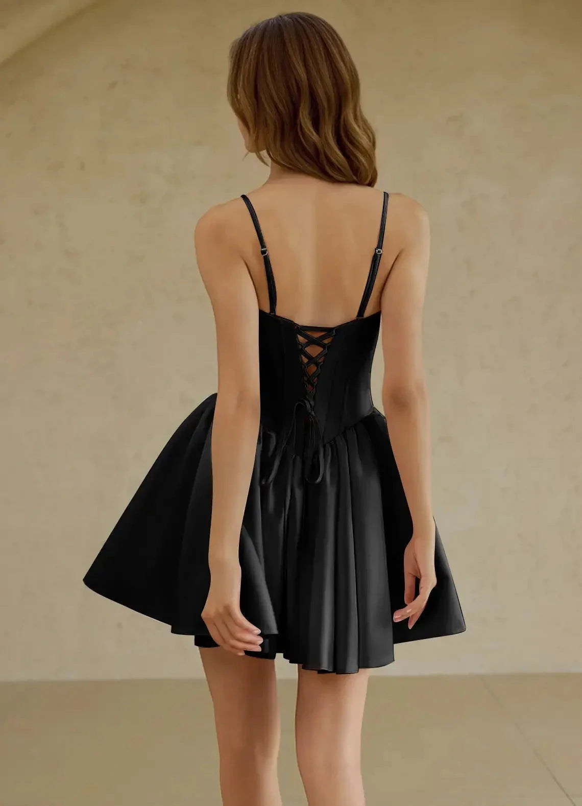Black Satin Mini Dress with Crystal Detail and Criss - Cross Back Glorisse Black Mini Dress Homecoming Dresses by YiHuiw