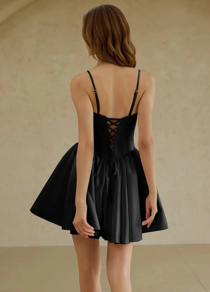 Black Satin Mini Dress with Crystal Detail and Criss - Cross Back Glorisse Black Mini Dress Homecoming Dresses by YiHuiw