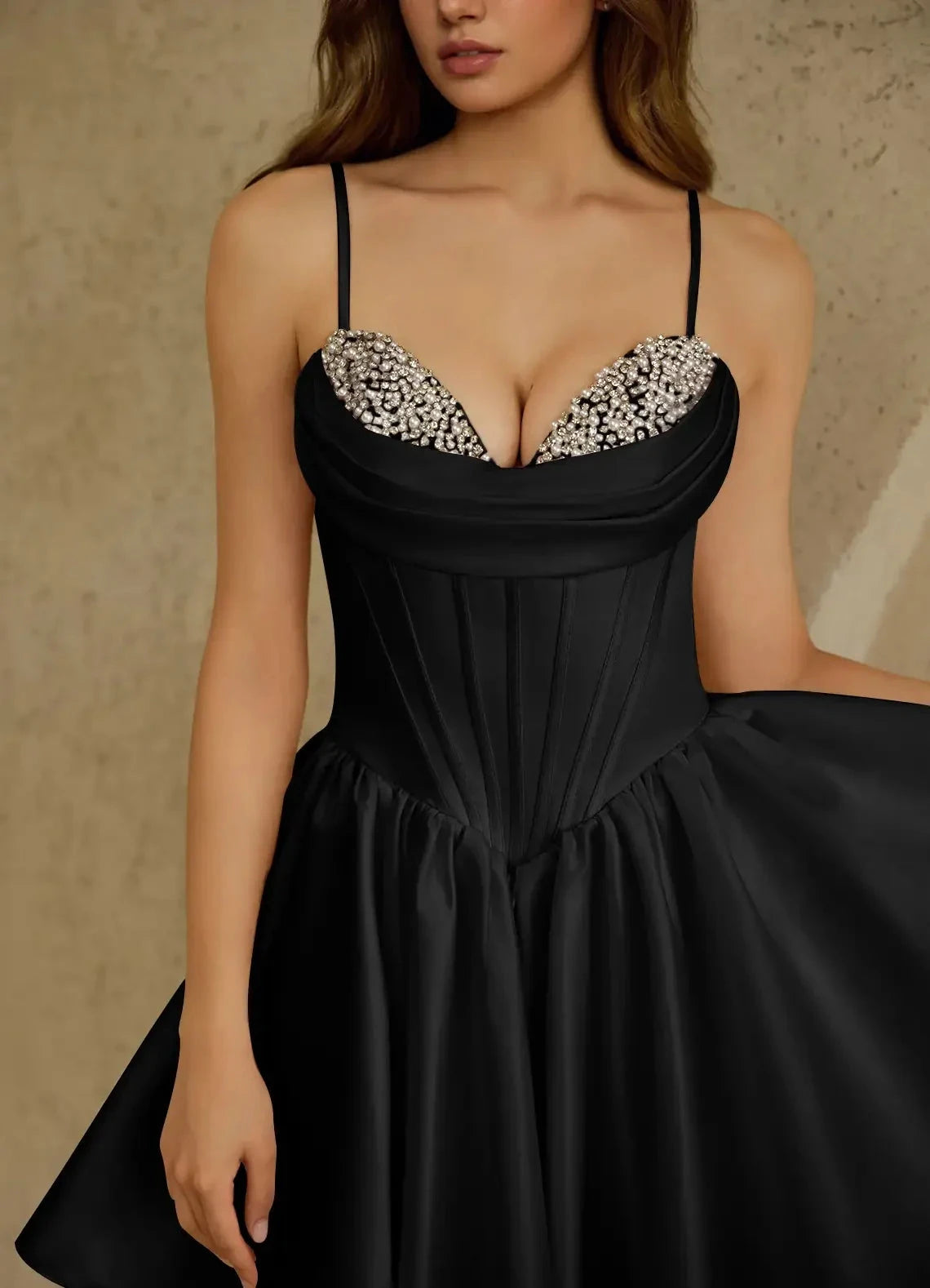 Black Satin Mini Dress with Crystal Detail and Criss - Cross Back Glorisse Black Mini Dress Homecoming Dresses by YiHuiw