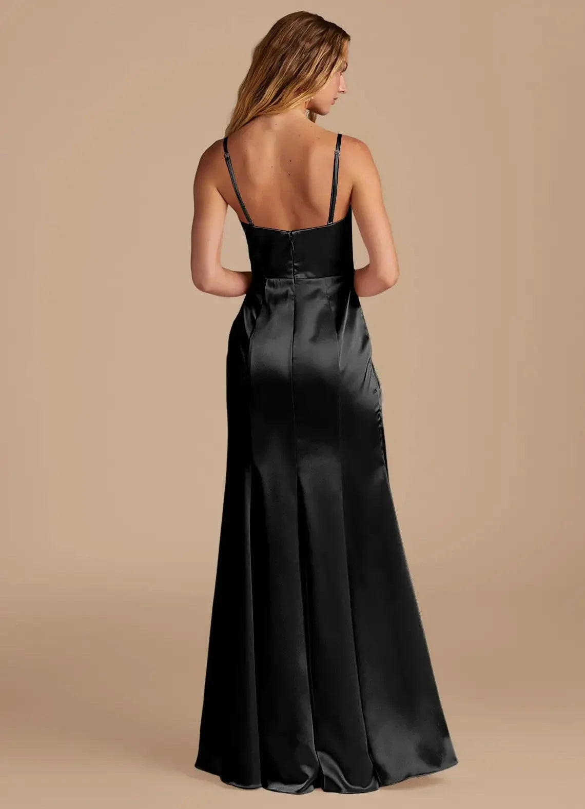 Black Satin Spaghetti Strap Maxi Dress with Side Slit and Draped Detail Black Mermaid Pleated Metallic Satin Dress Bridesmaid Dresses by YiHuiw