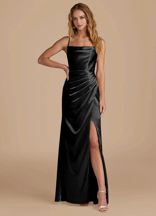 Black Satin Spaghetti Strap Maxi Dress with Side Slit and Draped Detail Black Mermaid Pleated Metallic Satin Dress Bridesmaid Dresses by YiHuiw