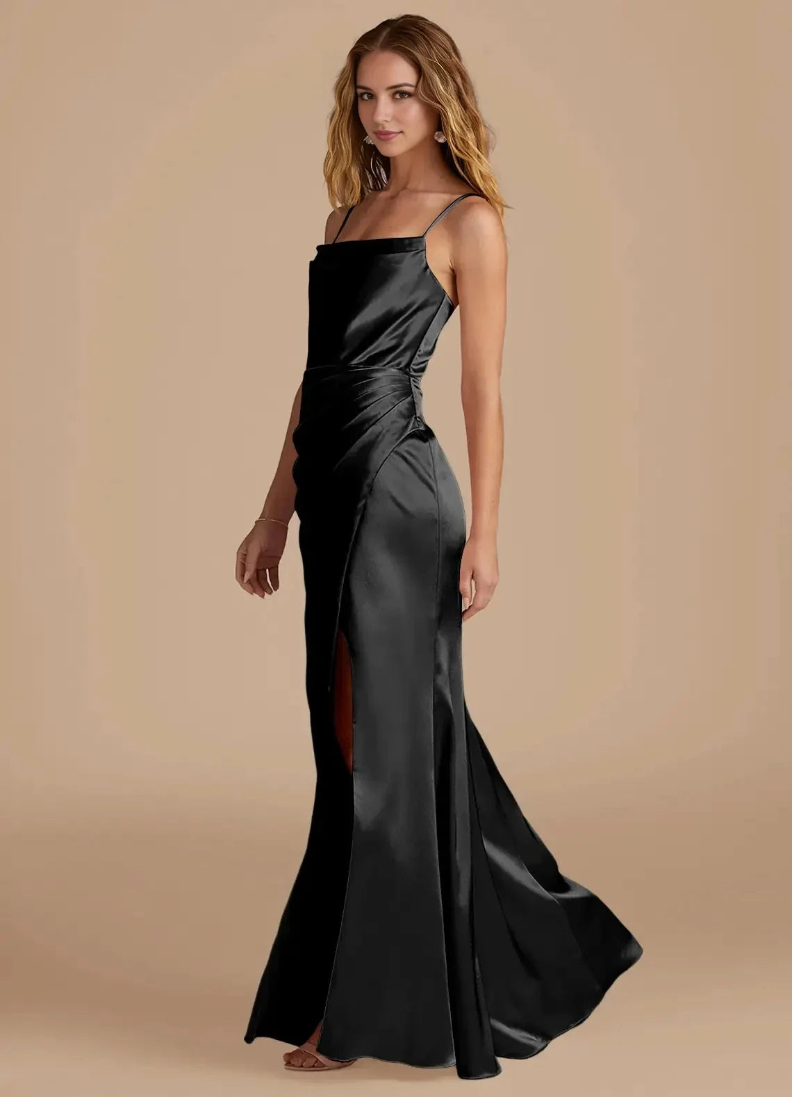 Black Satin Spaghetti Strap Maxi Dress with Side Slit and Draped Detail Black Mermaid Pleated Metallic Satin Dress Bridesmaid Dresses by YiHuiw