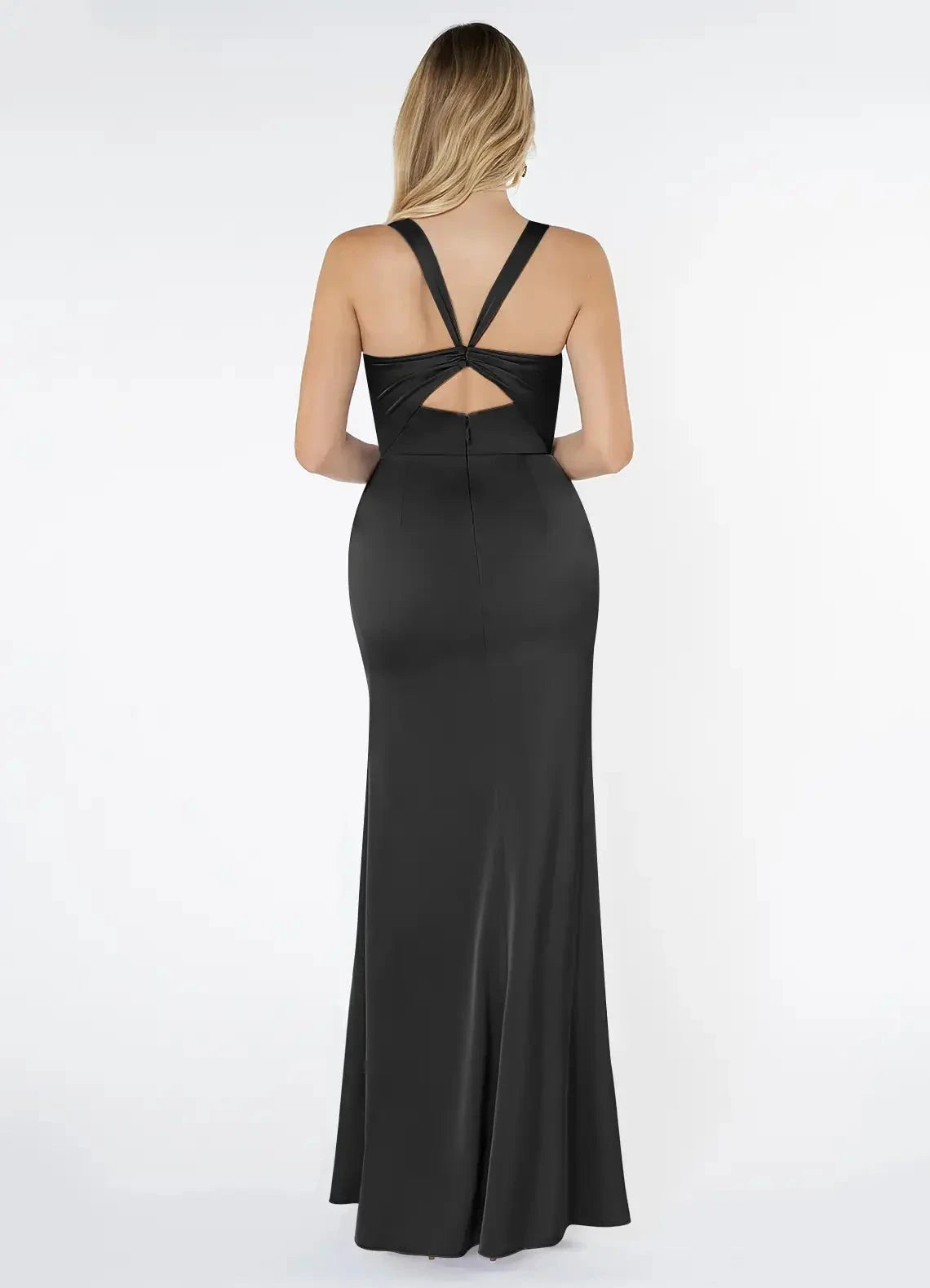 Black Satin Square Neck Maxi Dress with Back Twist and Side Slit Black Sheath Pleated Stretch Satin Dress Bridesmaid Dresses by YiHuiw