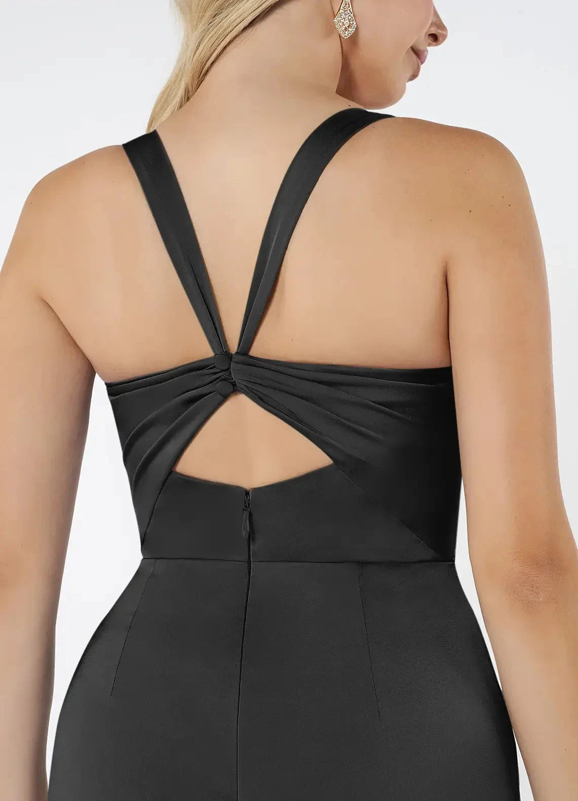 Black Satin Square Neck Maxi Dress with Back Twist and Side Slit Black Sheath Pleated Stretch Satin Dress Bridesmaid Dresses by YiHuiw