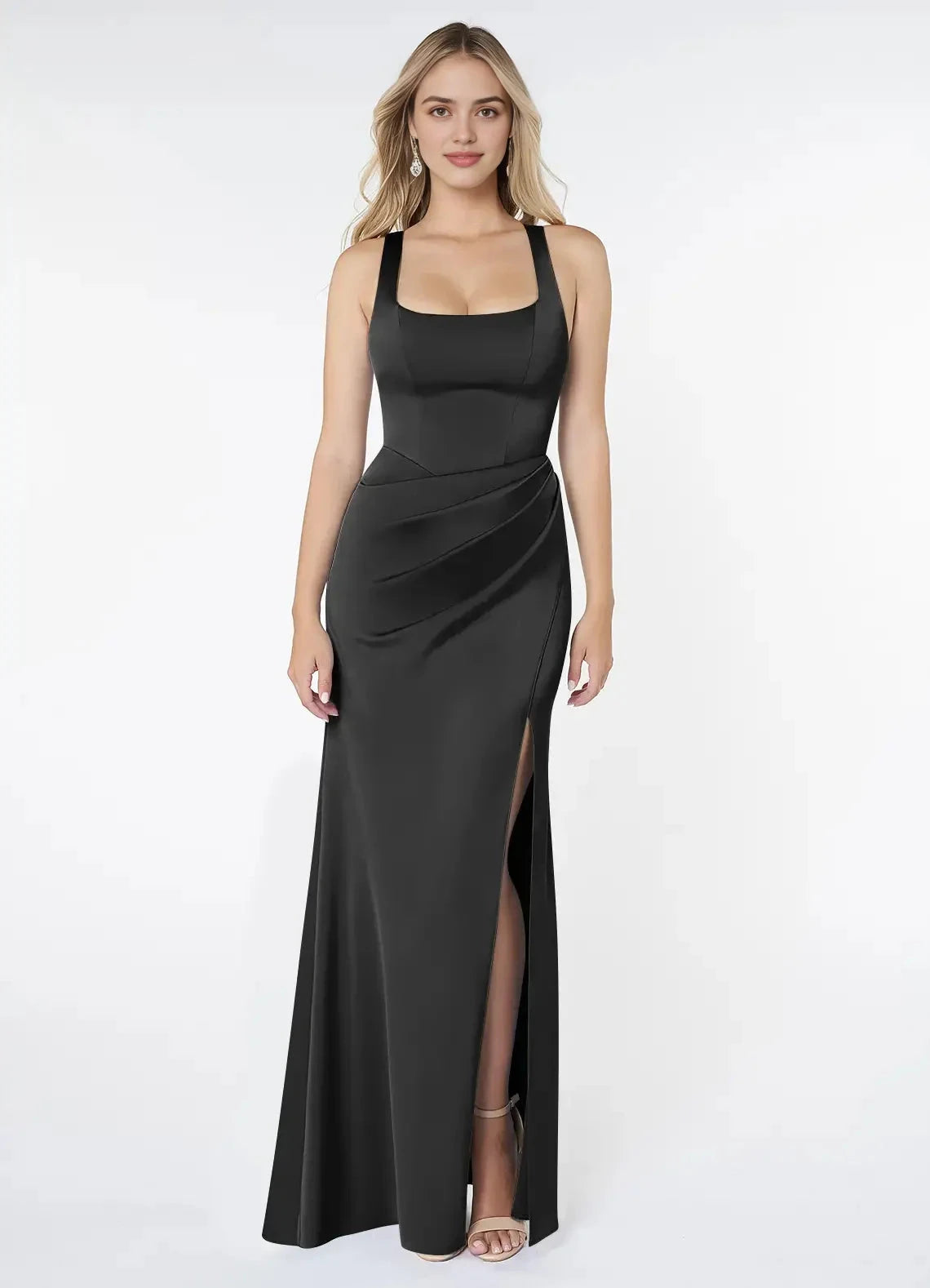 Black Satin Square Neck Maxi Dress with Back Twist and Side Slit Black Sheath Pleated Stretch Satin Dress Bridesmaid Dresses by YiHuiw