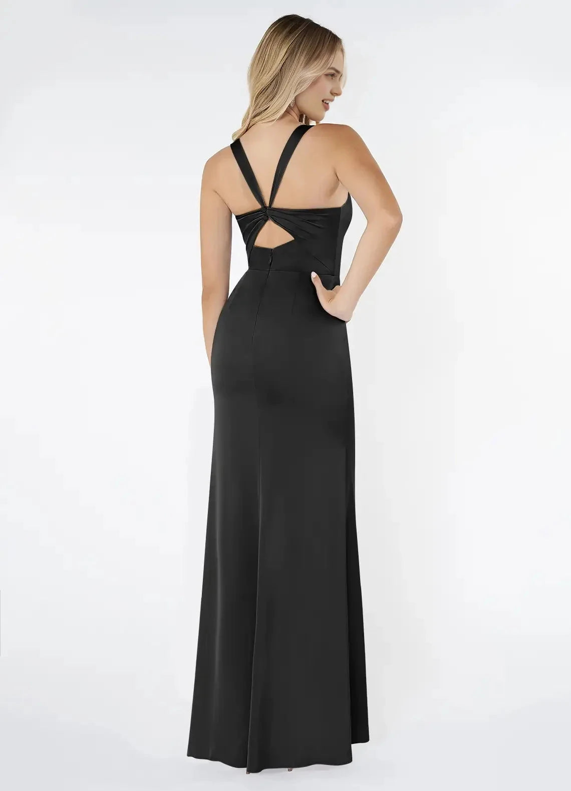 Black Satin Square Neck Maxi Dress with Back Twist and Side Slit Black Sheath Pleated Stretch Satin Dress Bridesmaid Dresses by YiHuiw