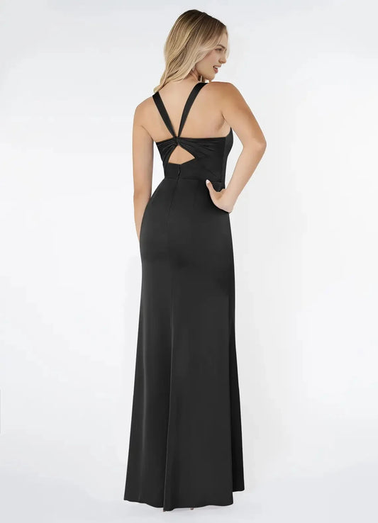 Black Satin Square Neck Maxi Dress with Back Twist and Side Slit Black Sheath Pleated Stretch Satin Dress Bridesmaid Dresses by YiHuiw