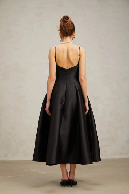 Black Satin Sweetheart Neckline Midi Dress black pleated flared midi dress Evening Dress by YiHuiw