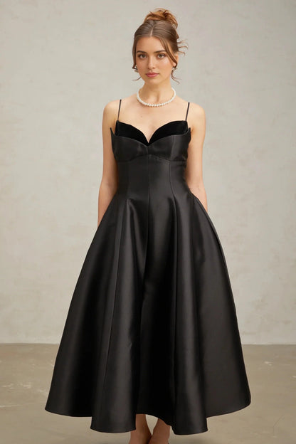 Black Satin Sweetheart Neckline Midi Dress black pleated flared midi dress Evening Dress by YiHuiw