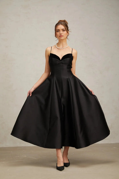 Black Satin Sweetheart Neckline Midi Dress black pleated flared midi dress Evening Dress by YiHuiw
