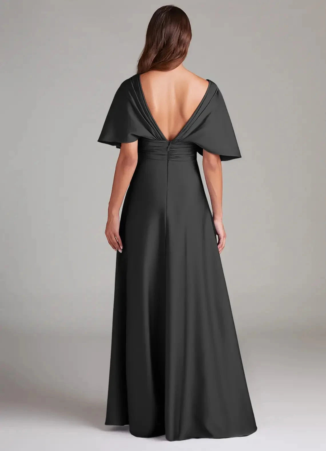 Black Satin V-Neck Maxi Dress with Flutter Sleeves A-Line Pleated Stretch Satin Dress Bridesmaid Dresses by YiHuiw