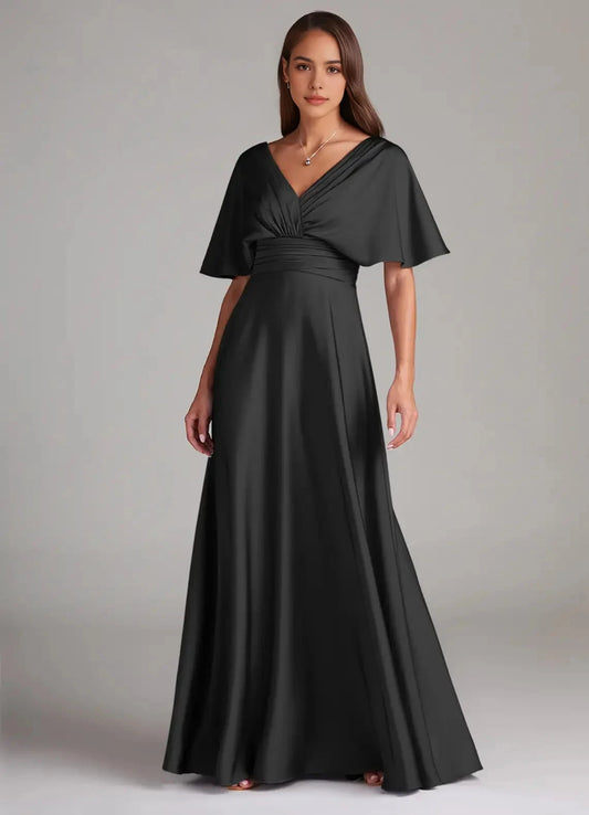 Black Satin V-Neck Maxi Dress with Flutter Sleeves A-Line Pleated Stretch Satin Dress Bridesmaid Dresses by YiHuiw
