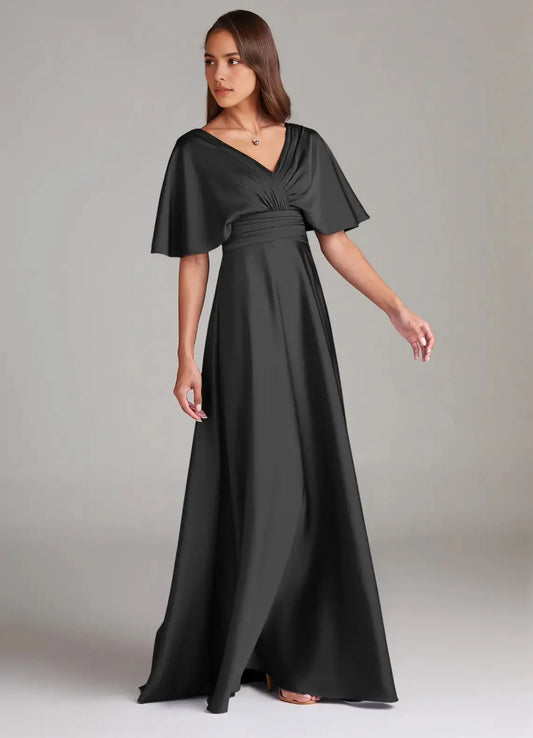 Black Satin V-Neck Maxi Dress with Flutter Sleeves A-Line Pleated Stretch Satin Dress Bridesmaid Dresses by YiHuiw