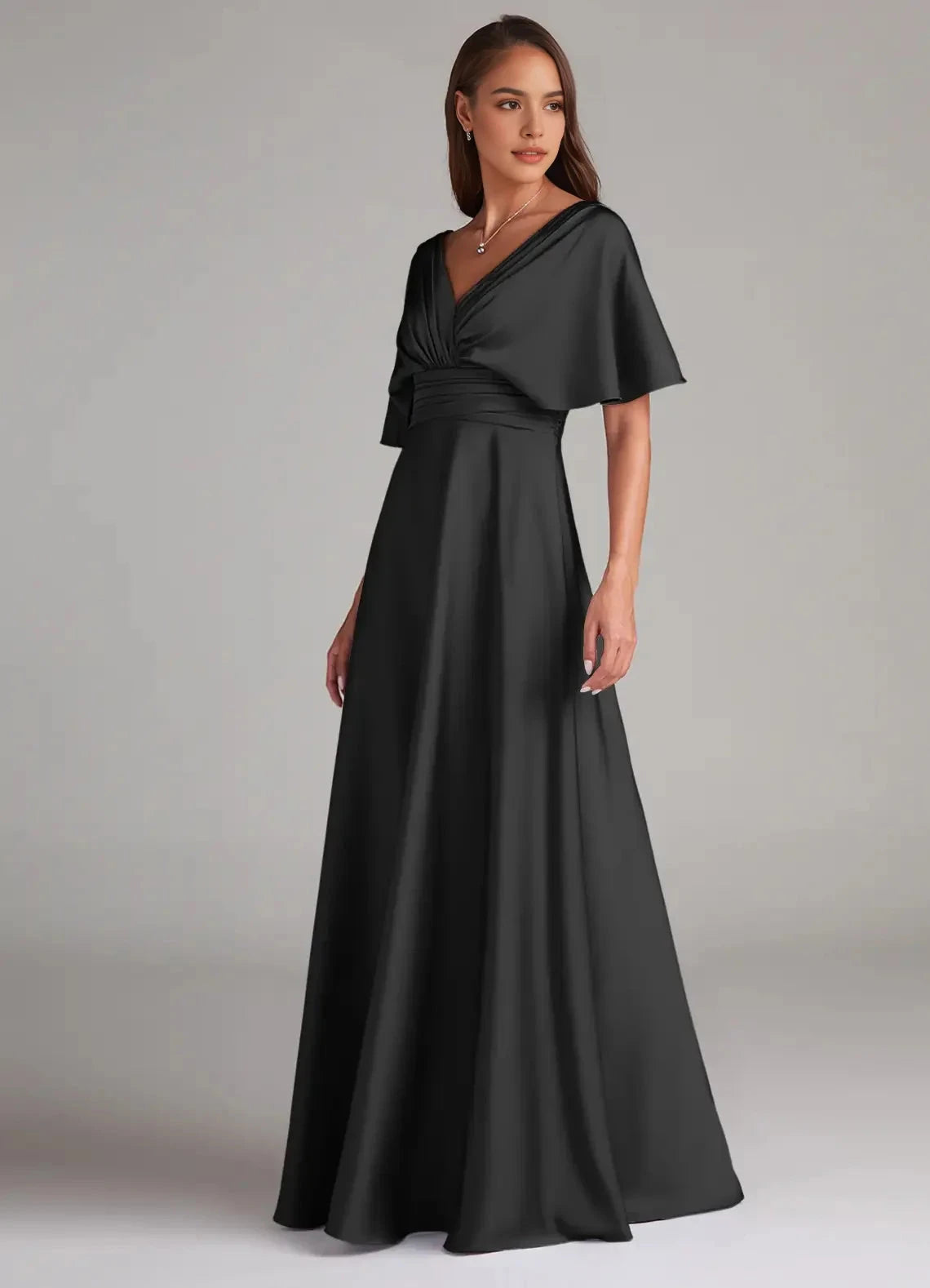 Black Satin V-Neck Maxi Dress with Flutter Sleeves A-Line Pleated Stretch Satin Dress Bridesmaid Dresses by YiHuiw