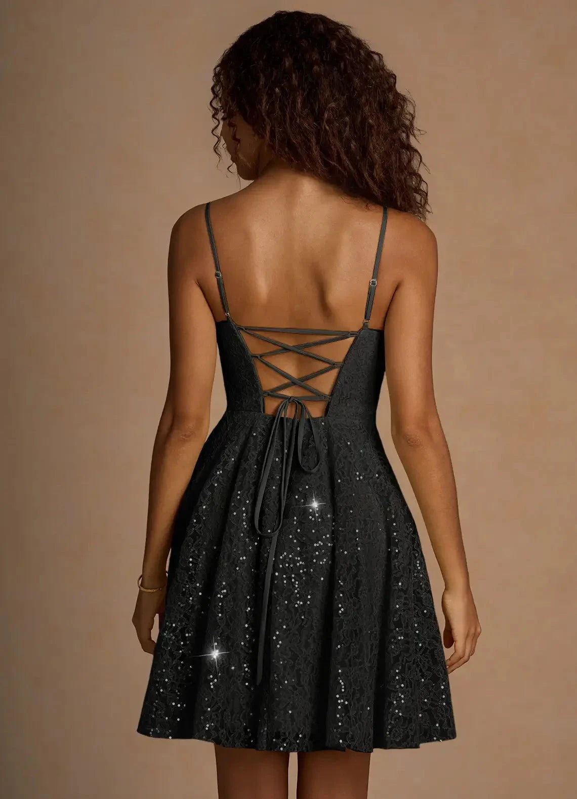 Black Sequin Lace Mini Dress with Criss - Cross Back Xenia Black Sequin Mini Dress Homecoming Dresses by YiHuiw