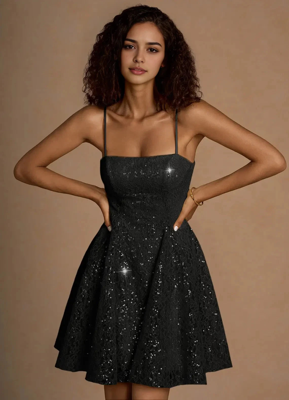 Black Sequin Lace Mini Dress with Criss - Cross Back Xenia Black Sequin Mini Dress Homecoming Dresses by YiHuiw