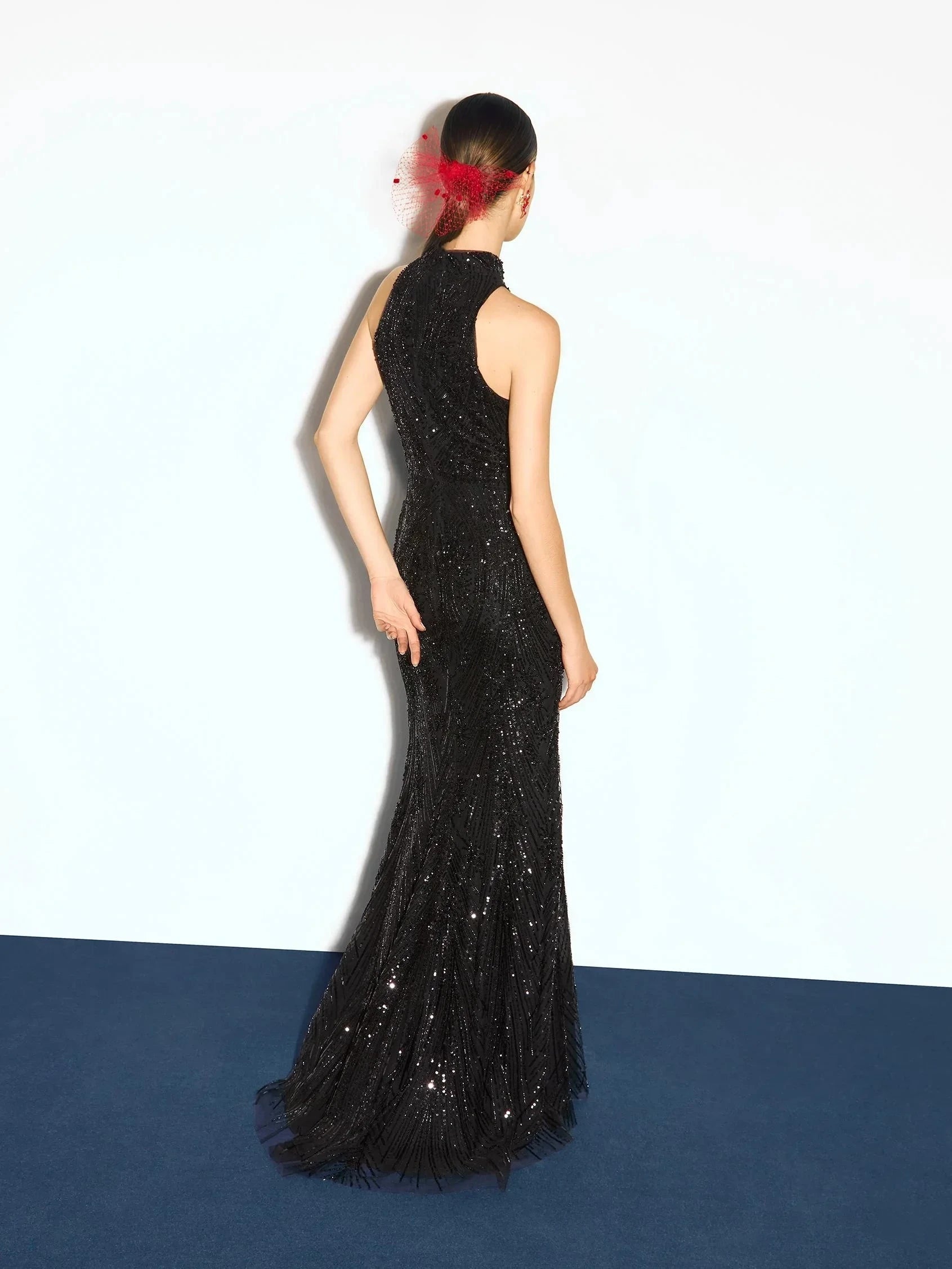 Black Sequined High Neck Maxi Dress Halter beaded party dress by YiHuiw