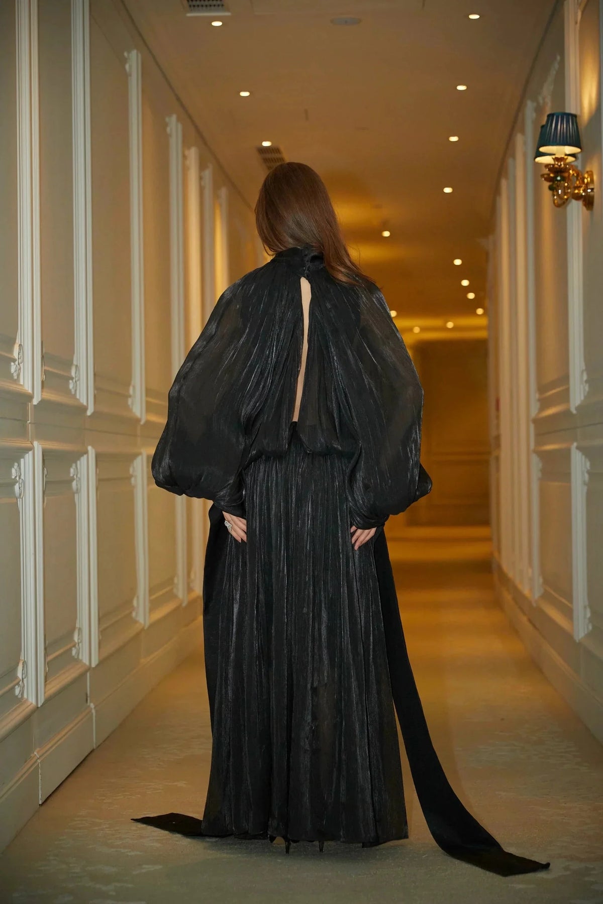 Black Sheer Draped High - Neck Maxi Dress Mila pleated satin maxi dress in Black Evening Dress by YiHuiw