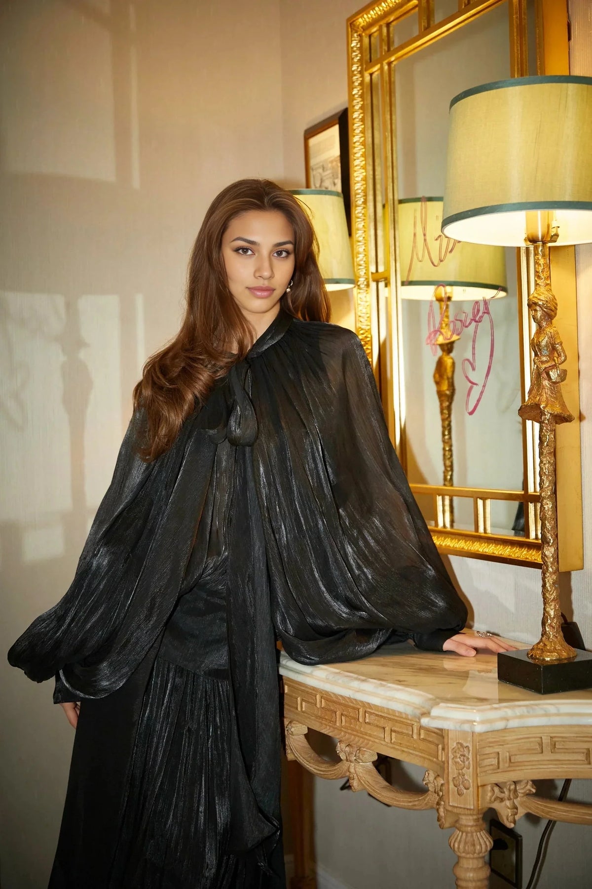 Black Sheer Draped High - Neck Maxi Dress Mila pleated satin maxi dress in Black Evening Dress by YiHuiw
