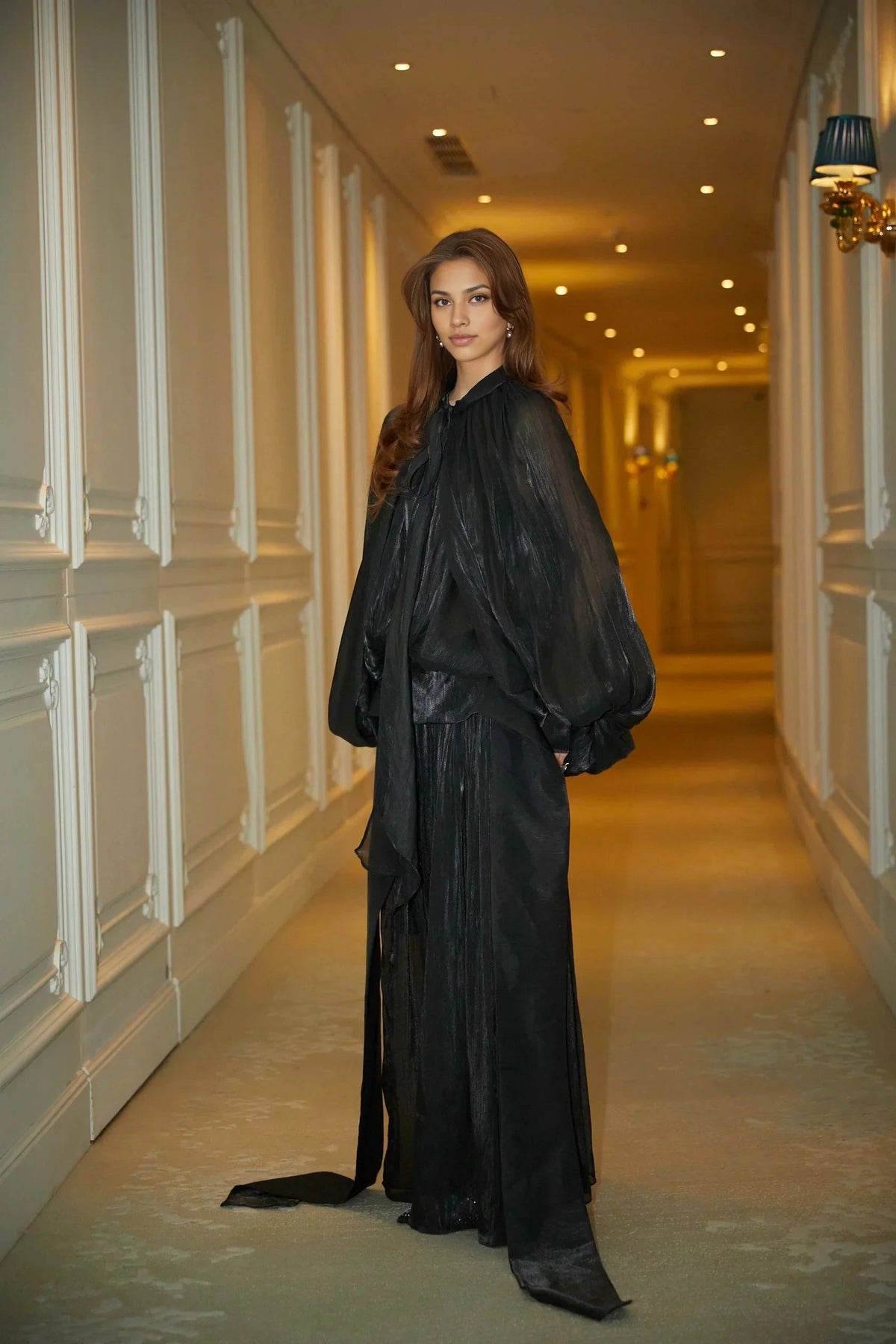 Black Sheer Draped High - Neck Maxi Dress Mila pleated satin maxi dress in Black Evening Dress by YiHuiw
