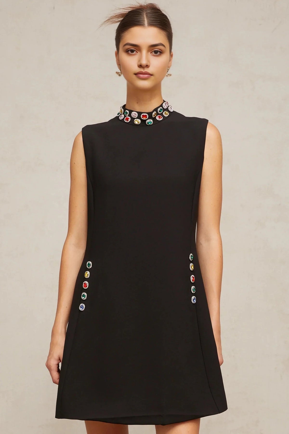 Black Sleeveless Mini Dress with Colorful Jewel Detailing Xanthe crystal-embellished sleeveless mini dress by YiHuiw