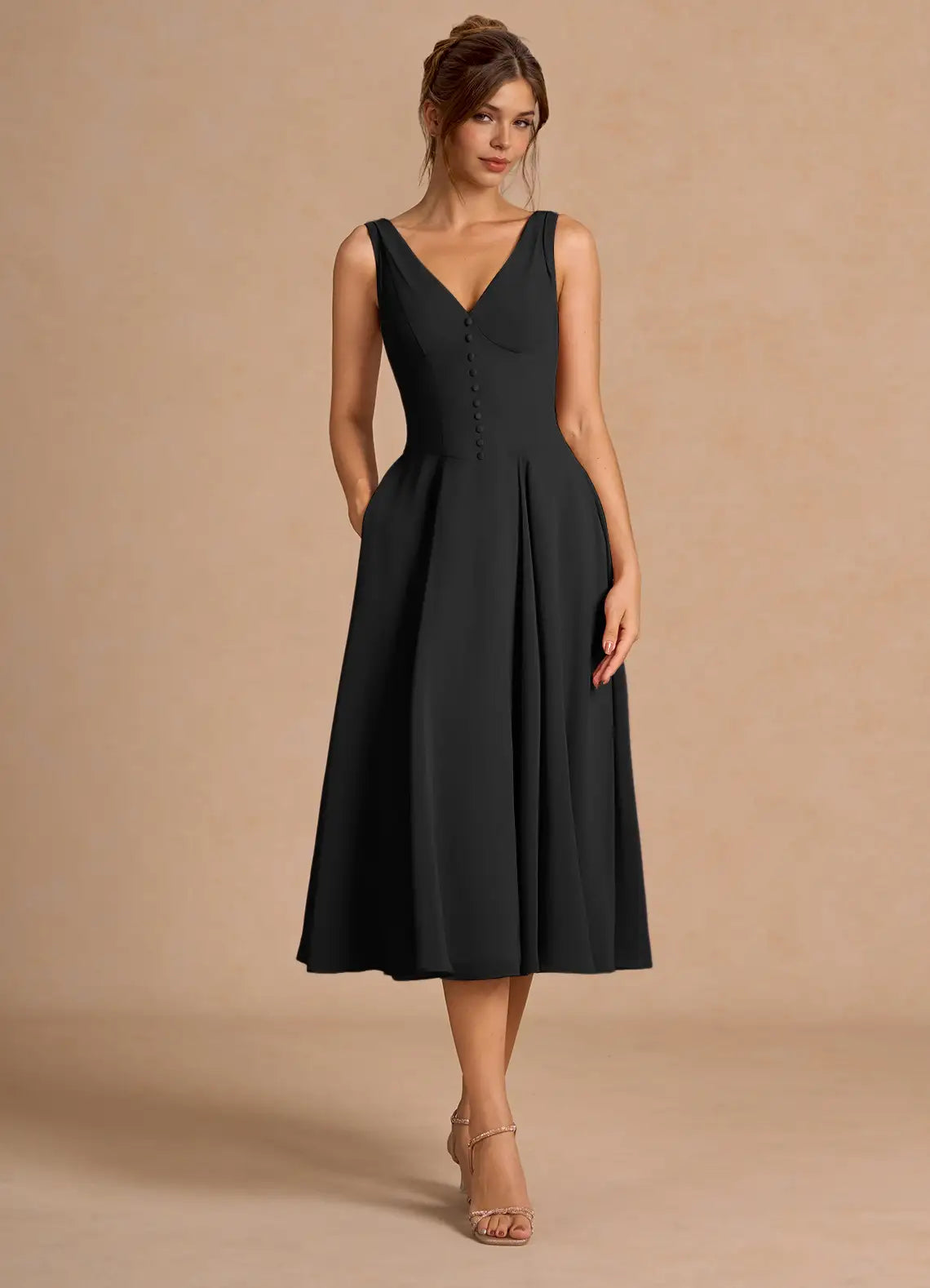 Black Sleeveless Button Back Midi Wedding Dress - Yihuiw by Yihuiw