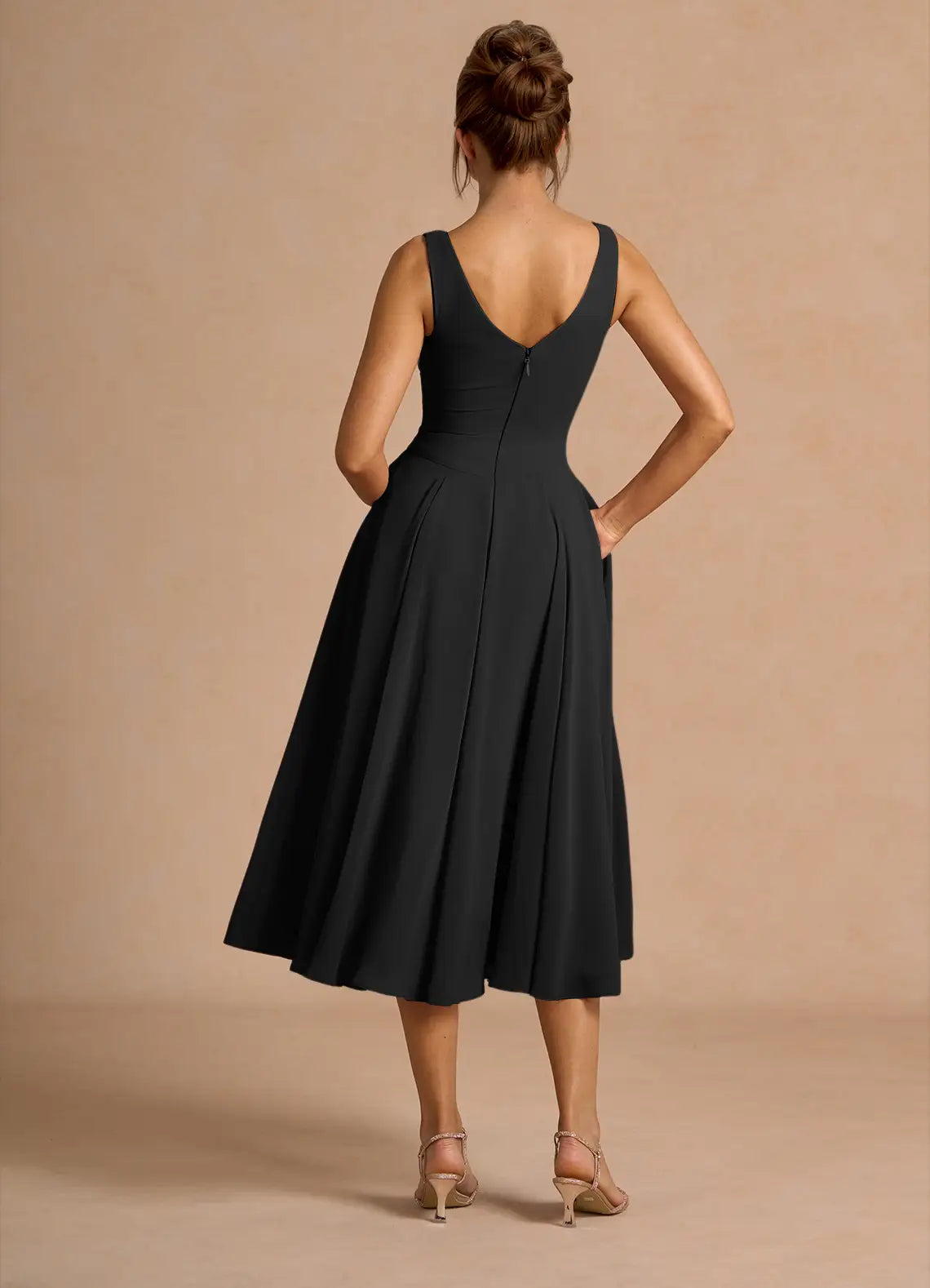 Black Sleeveless Button Back Midi Wedding Dress - Yihuiw by Yihuiw
