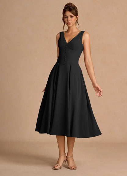 Black Sleeveless Button Back Midi Wedding Dress - Yihuiw by Yihuiw