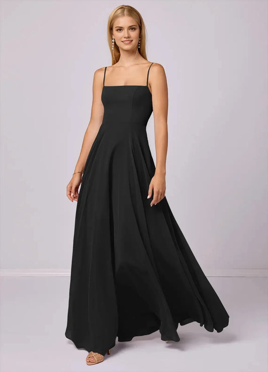 Black Spaghetti Strap Backless Evening Gown A-Line Chiffon Dress black Bridesmaid Dresses by YiHuiw