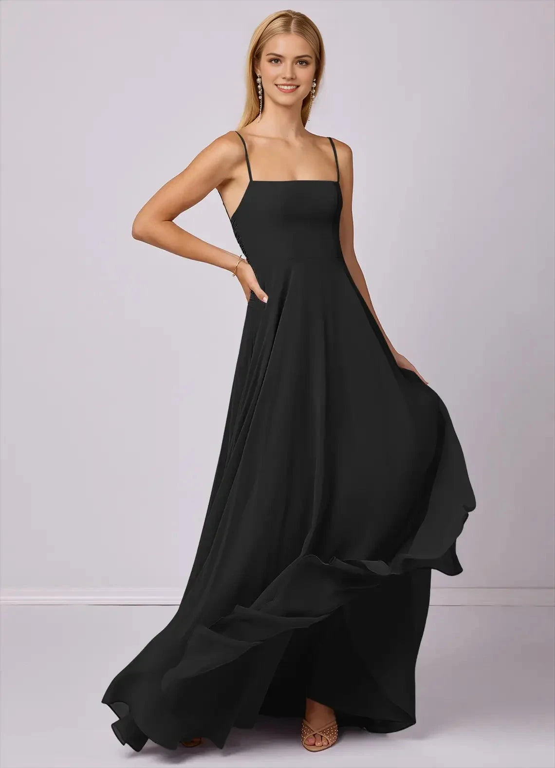 Black Spaghetti Strap Backless Evening Gown A-Line Chiffon Dress black Bridesmaid Dresses by YiHuiw