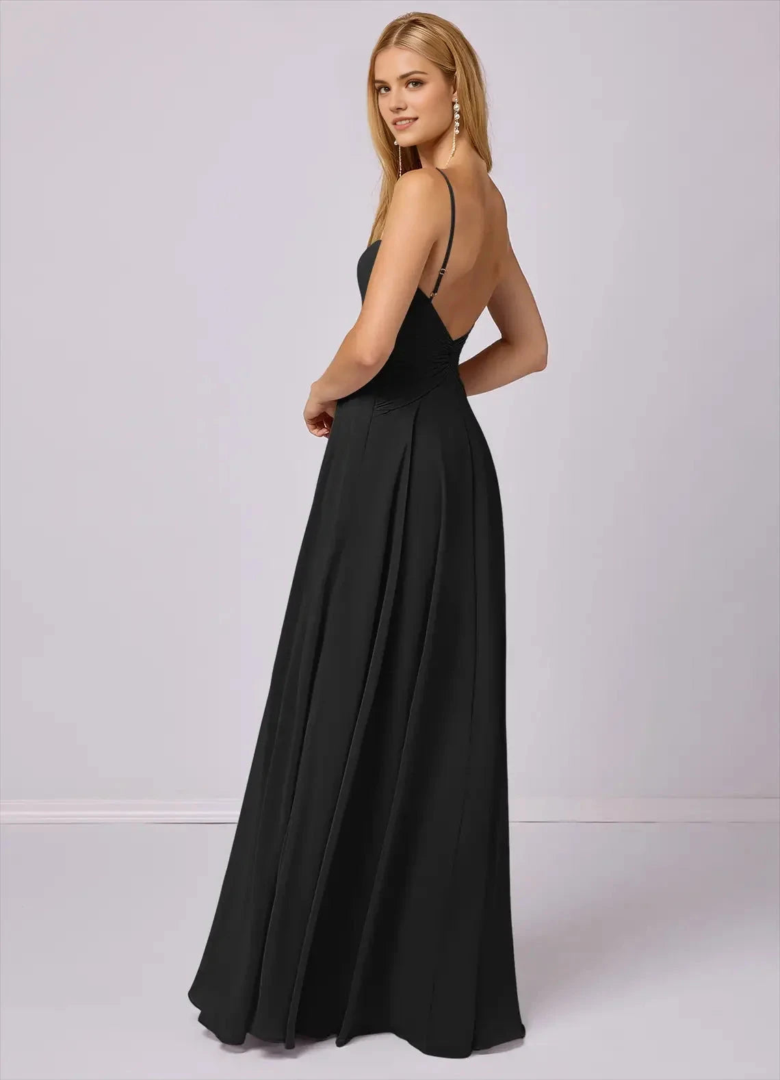 Black Spaghetti Strap Backless Evening Gown A-Line Chiffon Dress black Bridesmaid Dresses by YiHuiw