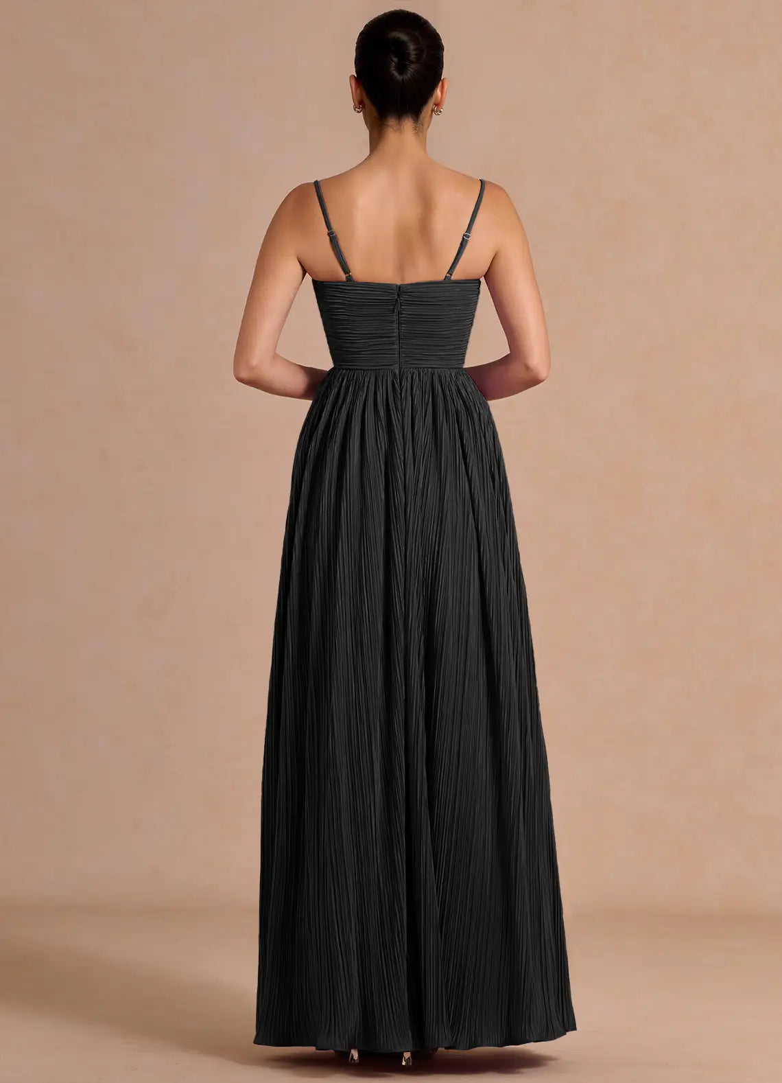 Black A-Line Spaghetti Strap Pleated Floor-Length Wedding Dress - Yihuiw by Yihuiw
