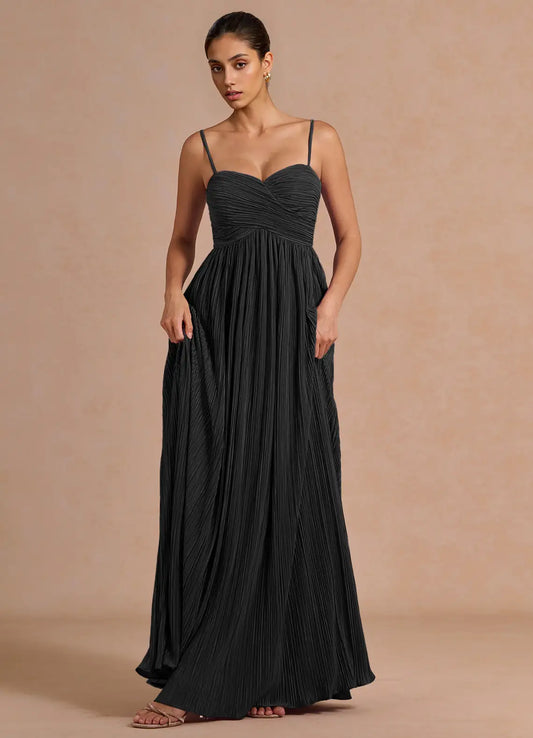 Black A-Line Spaghetti Strap Pleated Floor-Length Wedding Dress - Yihuiw by Yihuiw