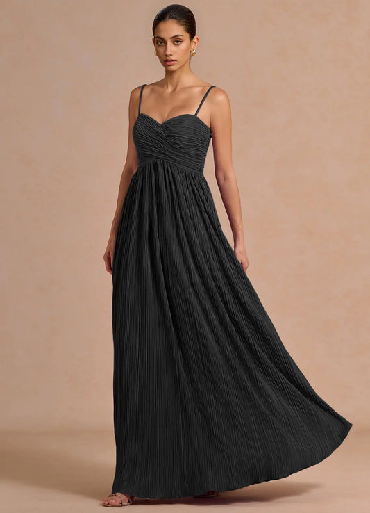 Black A-Line Spaghetti Strap Pleated Floor-Length Wedding Dress - Yihuiw by Yihuiw