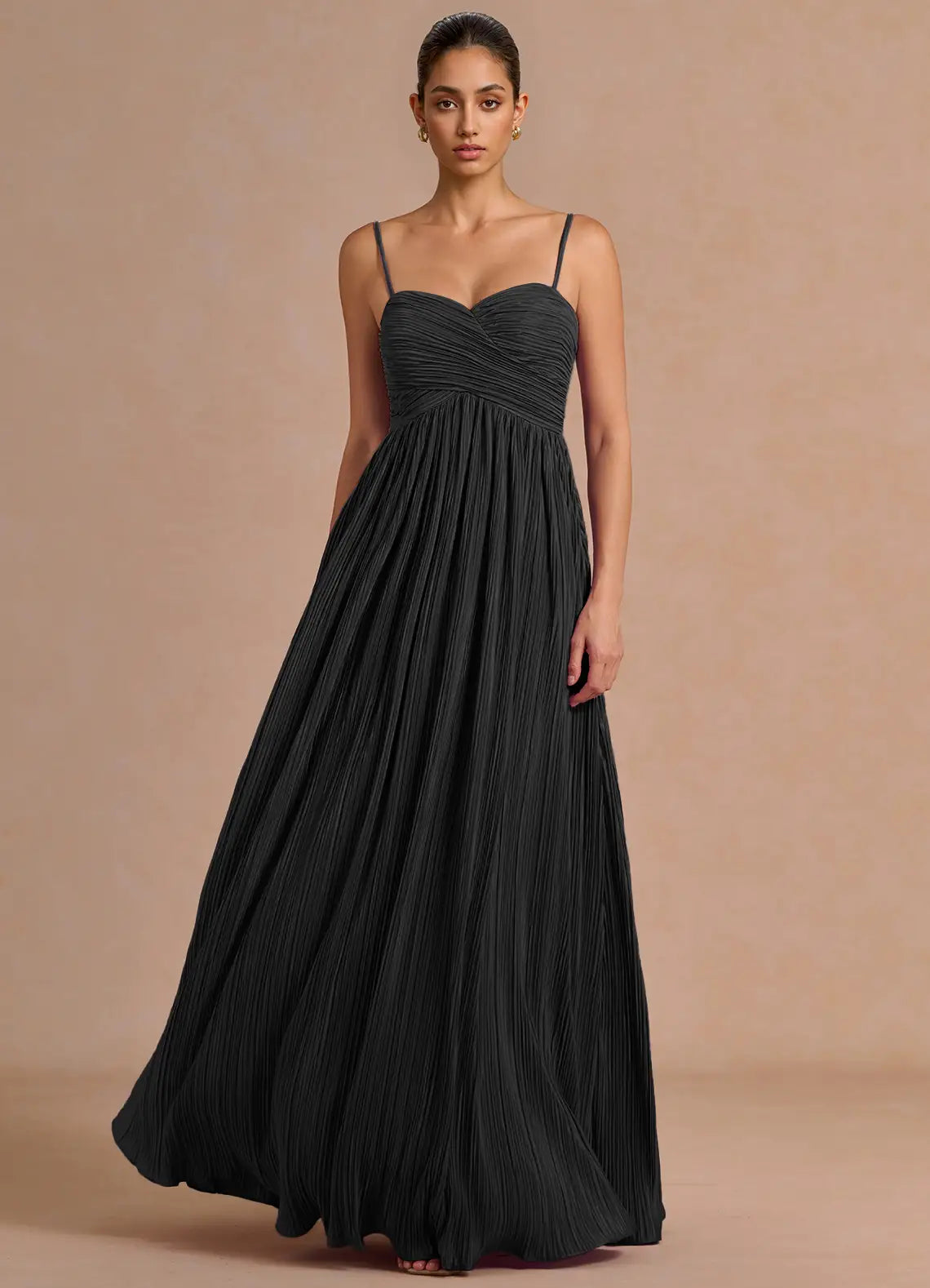 Black A-Line Spaghetti Strap Pleated Floor-Length Wedding Dress - Yihuiw by Yihuiw