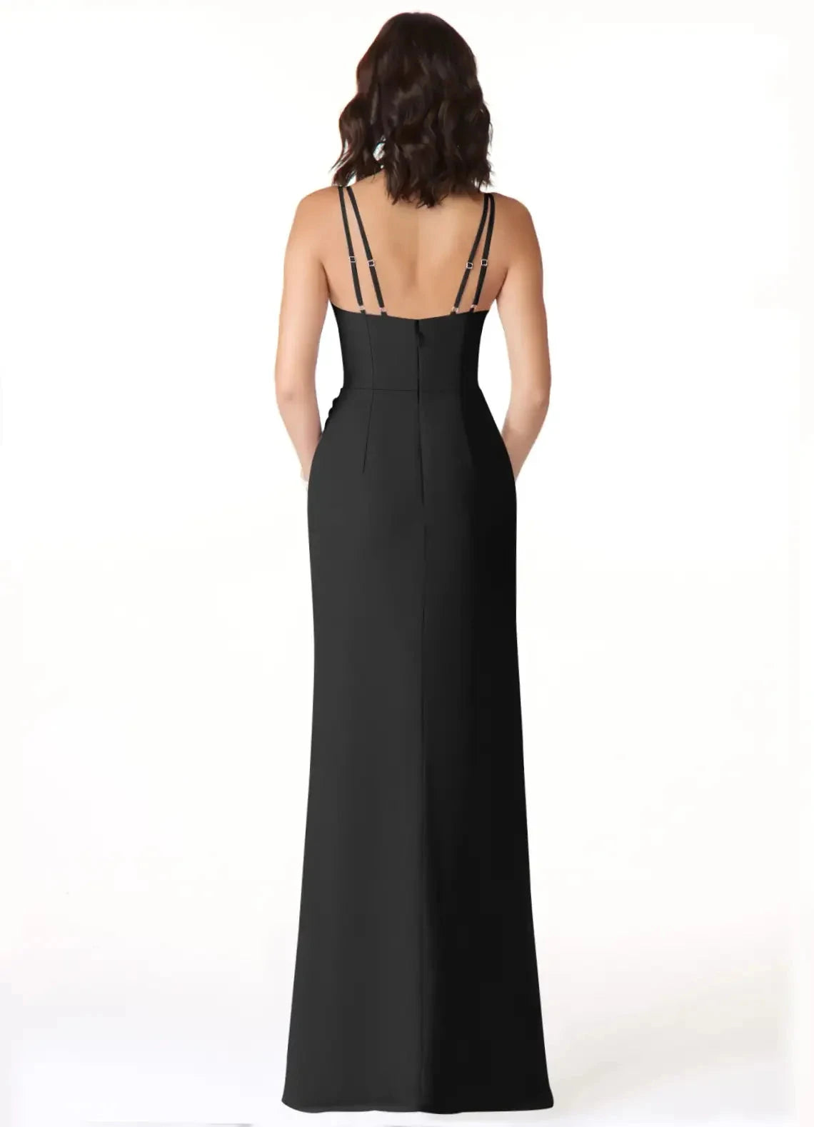 Black Spaghetti Strap Maxi Dress with Side Slit Mermaid V-Neck Pleated Chiffon Dress Bridesmaid Dresses by YiHuiw