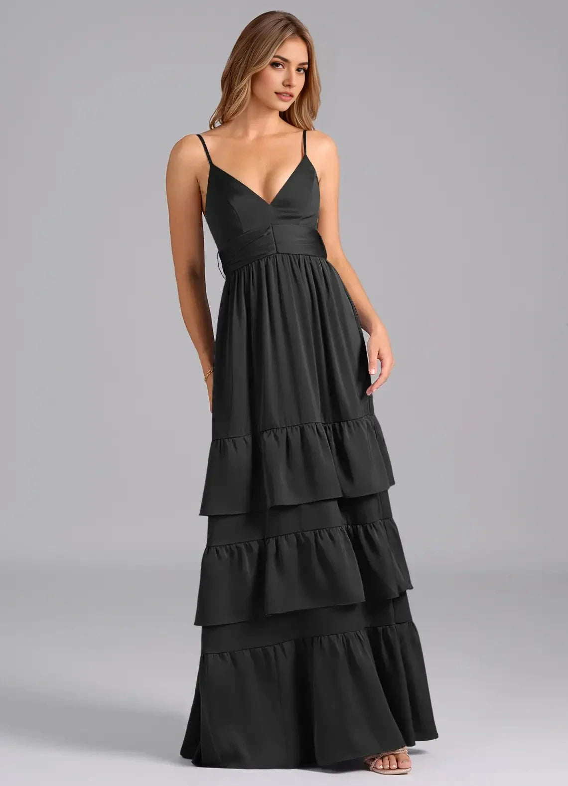 Black Spaghetti Strap Tiered Maxi Dress with Back Bow Black A-Line Pleated Stretch Satin Dress Bridesmaid Dresses by YiHuiw