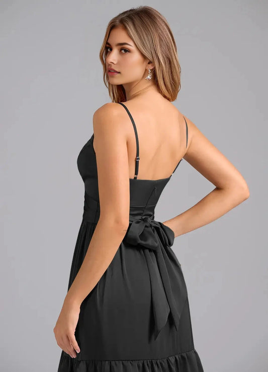Black Spaghetti Strap Tiered Maxi Dress with Back Bow Black A-Line Pleated Stretch Satin Dress Bridesmaid Dresses by YiHuiw