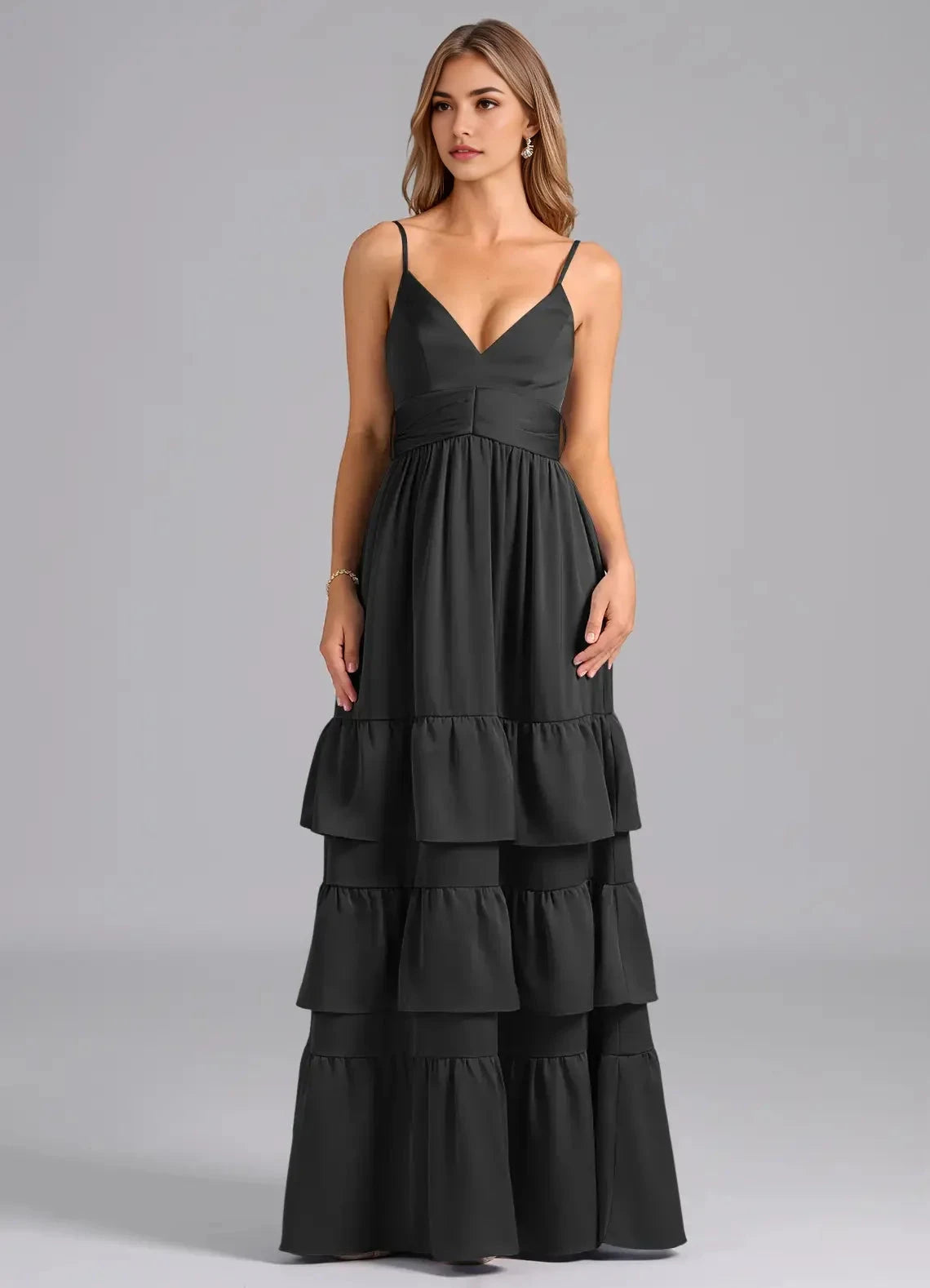 Black Spaghetti Strap Tiered Maxi Dress with Back Bow Black A-Line Pleated Stretch Satin Dress Bridesmaid Dresses by YiHuiw