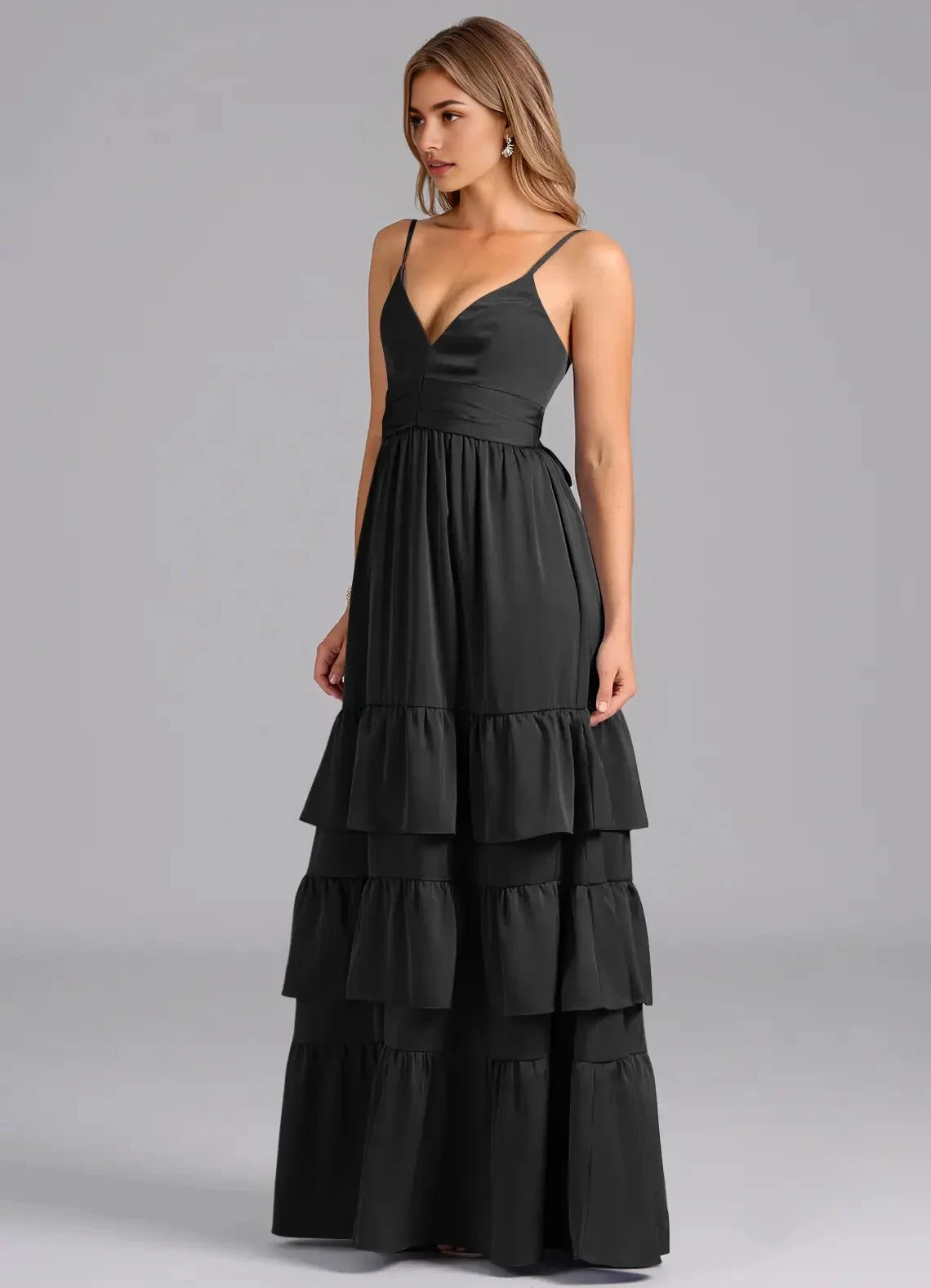 Black Spaghetti Strap Tiered Maxi Dress with Back Bow Black A-Line Pleated Stretch Satin Dress Bridesmaid Dresses by YiHuiw
