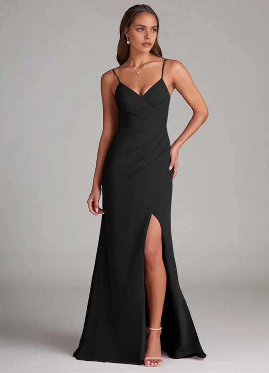 Black Spaghetti Strap V-Neck Maxi Dress with Side Slit Sheath Pleated Chiffon Dress Bridesmaid Dresses by YiHuiw