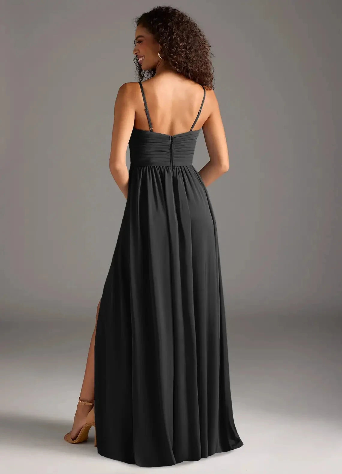 Black Spaghetti Strap V-Neck Maxi Dress with Side Slit A-Line Pleated Stretch Satin Dress Bridesmaid Dresses by YiHuiw