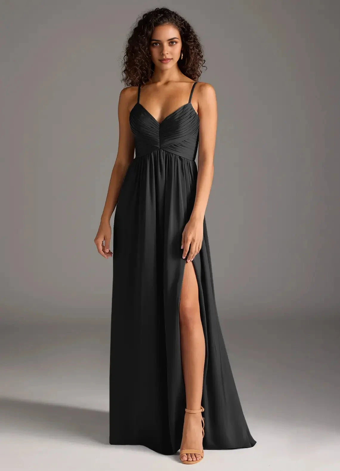Black Spaghetti Strap V-Neck Maxi Dress with Side Slit A-Line Pleated Stretch Satin Dress Bridesmaid Dresses by YiHuiw