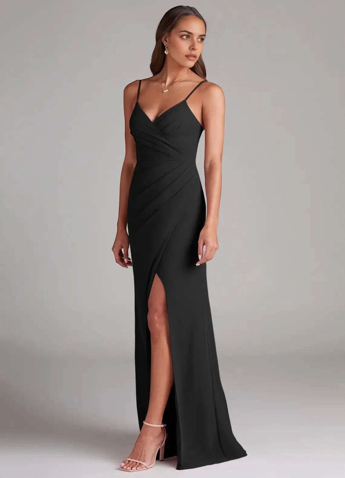 Black Spaghetti Strap V-Neck Maxi Dress with Side Slit Sheath Pleated Chiffon Dress Bridesmaid Dresses by YiHuiw