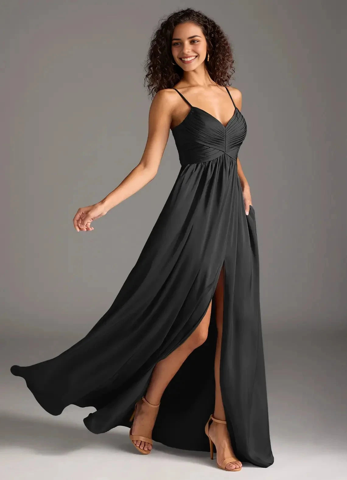 Black Spaghetti Strap V-Neck Maxi Dress with Side Slit A-Line Pleated Stretch Satin Dress Bridesmaid Dresses by YiHuiw