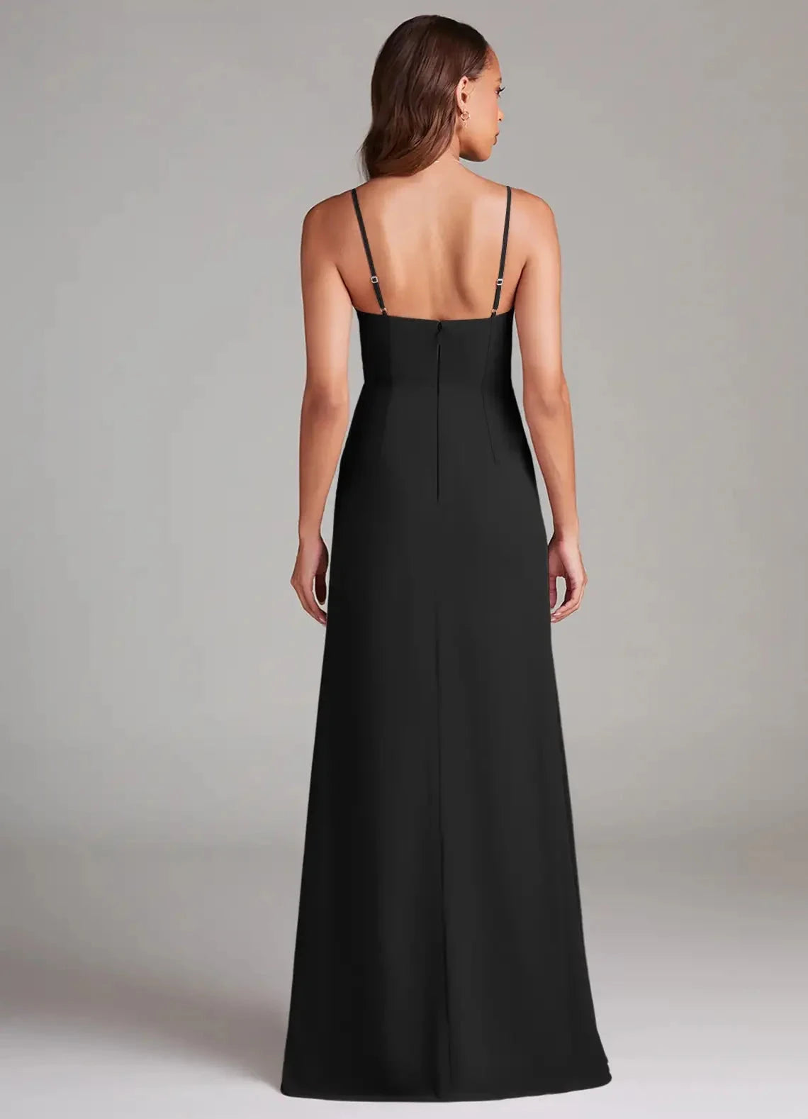 Black Spaghetti Strap V-Neck Maxi Dress with Side Slit Sheath Pleated Chiffon Dress Bridesmaid Dresses by YiHuiw