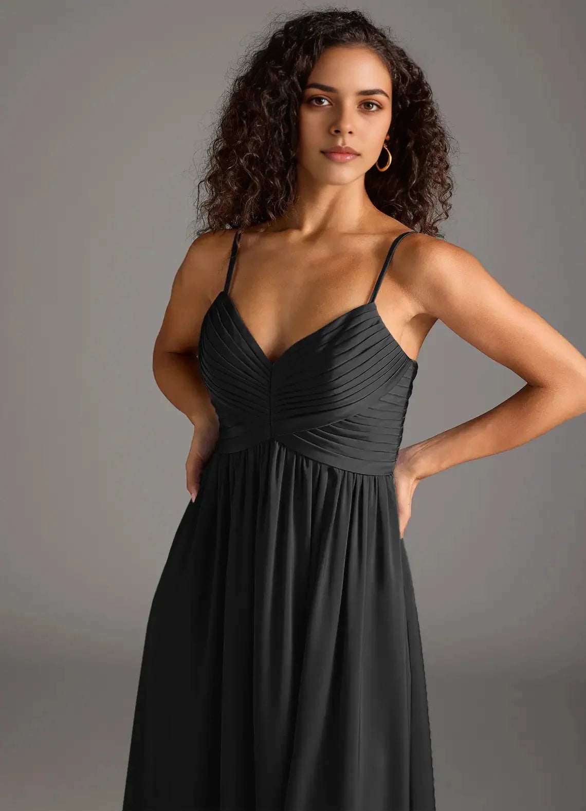 Black Spaghetti Strap V-Neck Maxi Dress with Side Slit A-Line Pleated Stretch Satin Dress Bridesmaid Dresses by YiHuiw